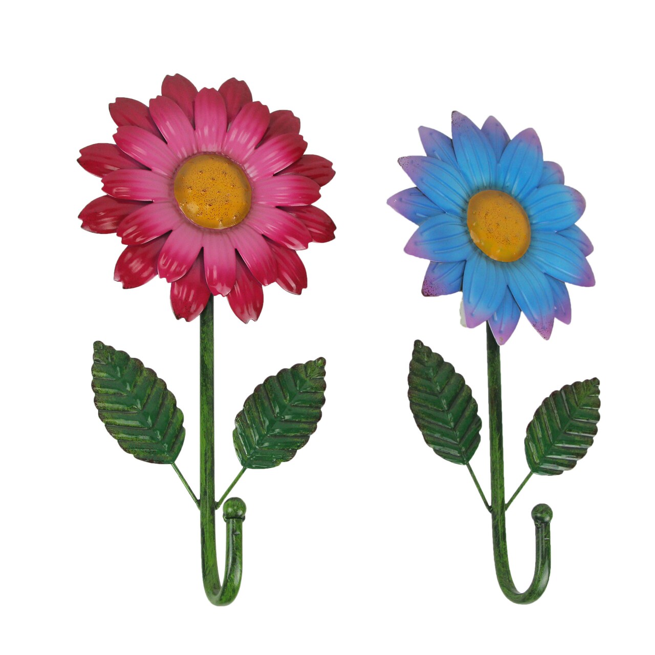 Set of 2 Metal Blue & Red Decorative Wall Hook Flower Hanging Home Decor Art